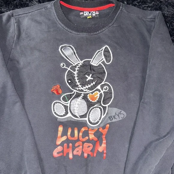 BKYS Sweatshirt Mens Large Black Lucky Charm Bunny Graphic Pullover Crewneck - Picture 2 of 9